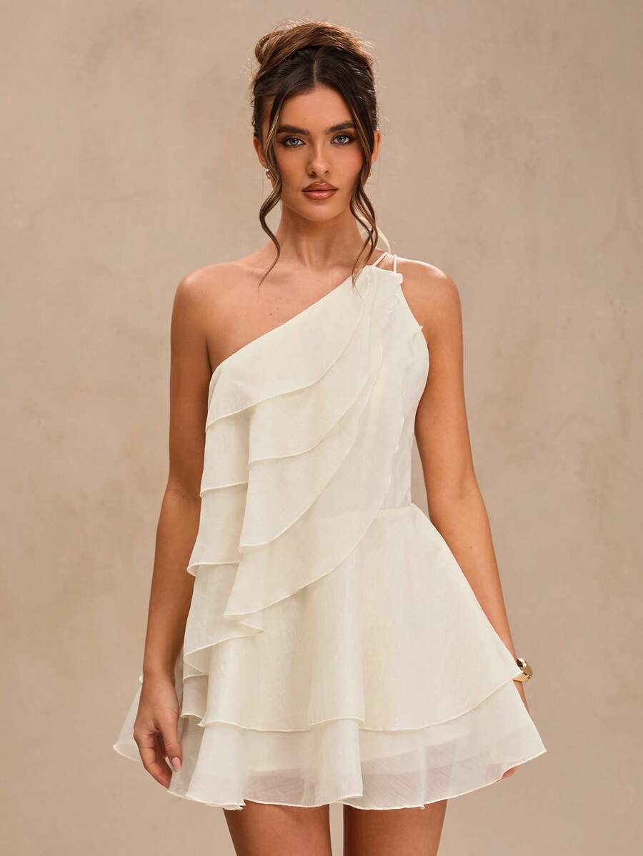 Elegant A-Line One-Shoulder Tie Ruffled Tiered Cream Mini Homecoming Dresses