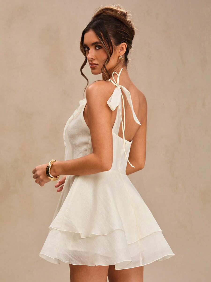 Elegant A-Line One-Shoulder Tie Ruffled Tiered Cream Mini Homecoming Dresses