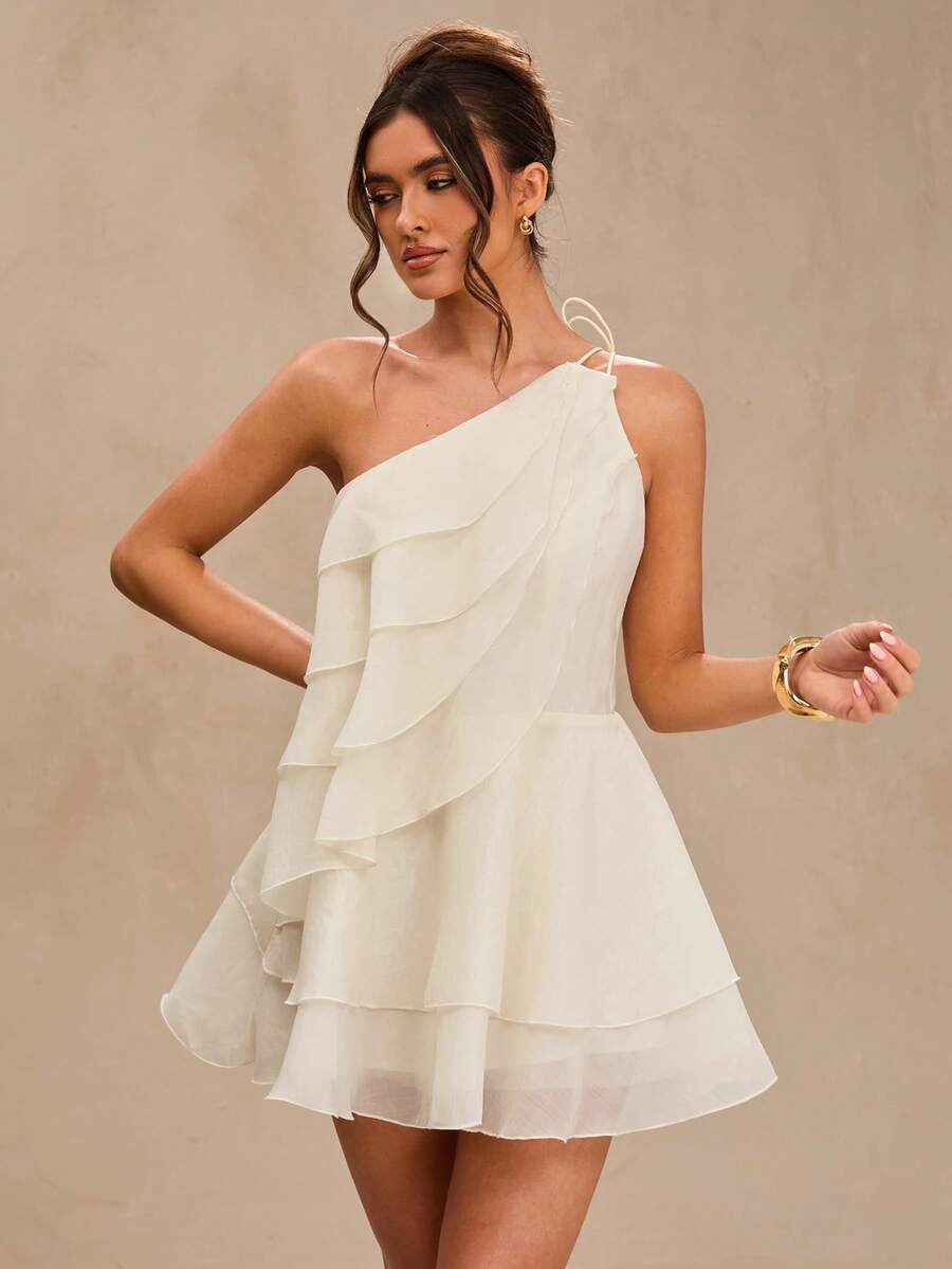 Elegant A-Line One-Shoulder Tie Ruffled Tiered Cream Mini Homecoming Dresses