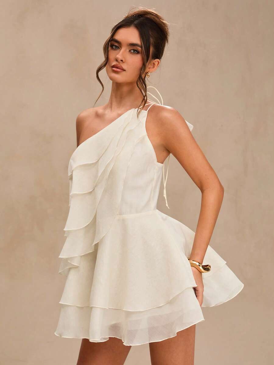 Elegant A-Line One-Shoulder Tie Ruffled Tiered Cream Mini Homecoming Dresses