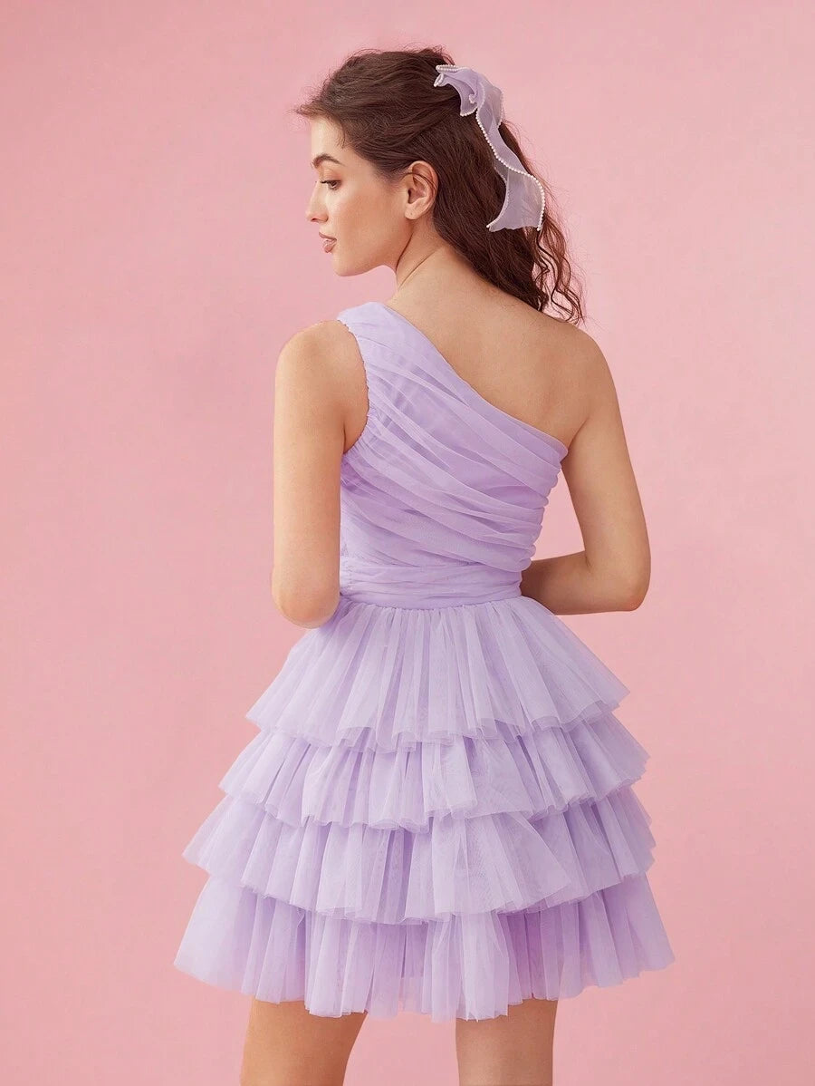 Elegant A-Line One-Shoulder Tiered Ruffle Ruched Mesh Lavender Short Homecoming Dresses