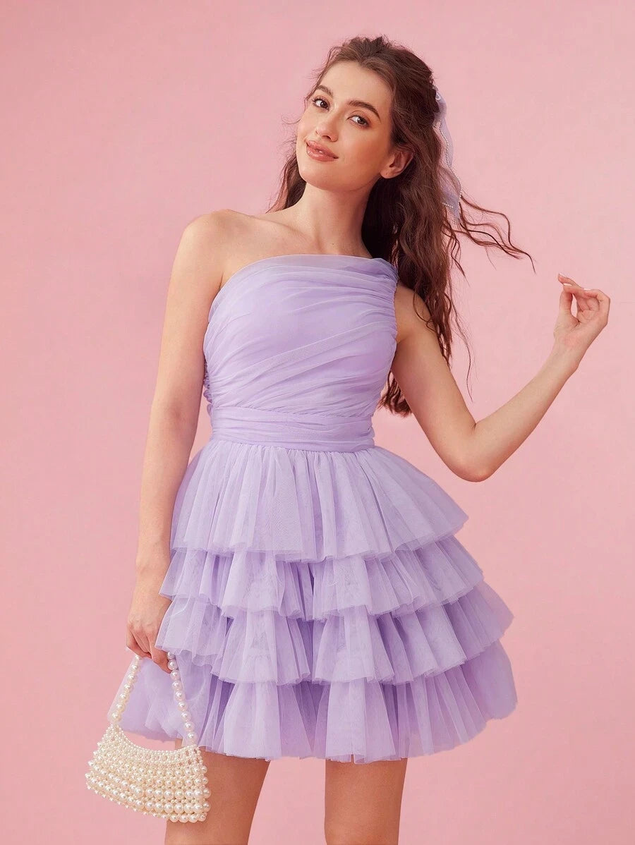 Elegant A-Line One-Shoulder Tiered Ruffle Ruched Mesh Lavender Short Homecoming Dresses