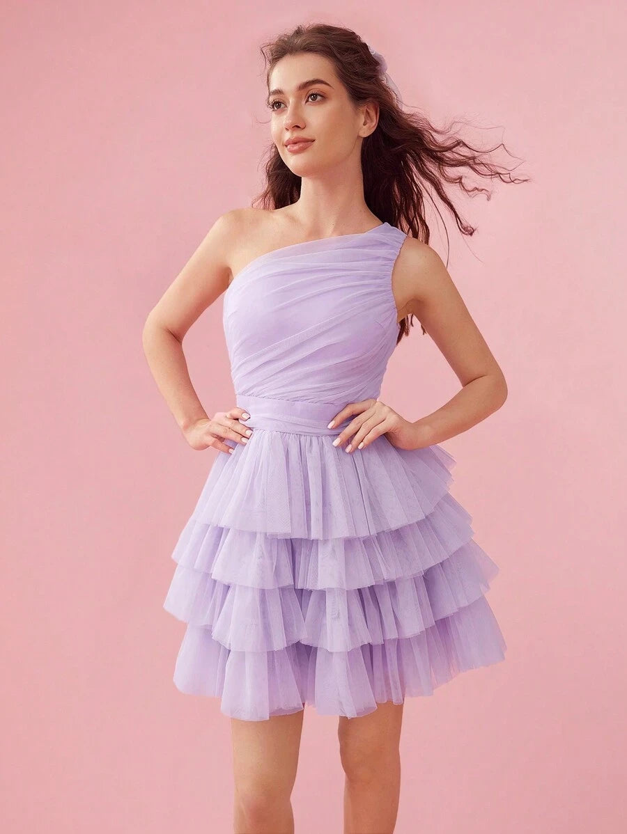 Elegant A-Line One-Shoulder Tiered Ruffle Ruched Mesh Lavender Short Homecoming Dresses