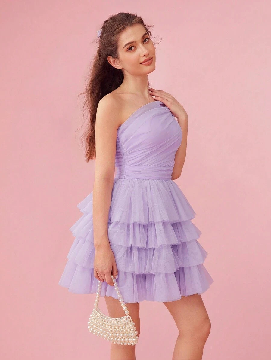 Elegant A-Line One-Shoulder Tiered Ruffle Ruched Mesh Lavender Short Homecoming Dresses