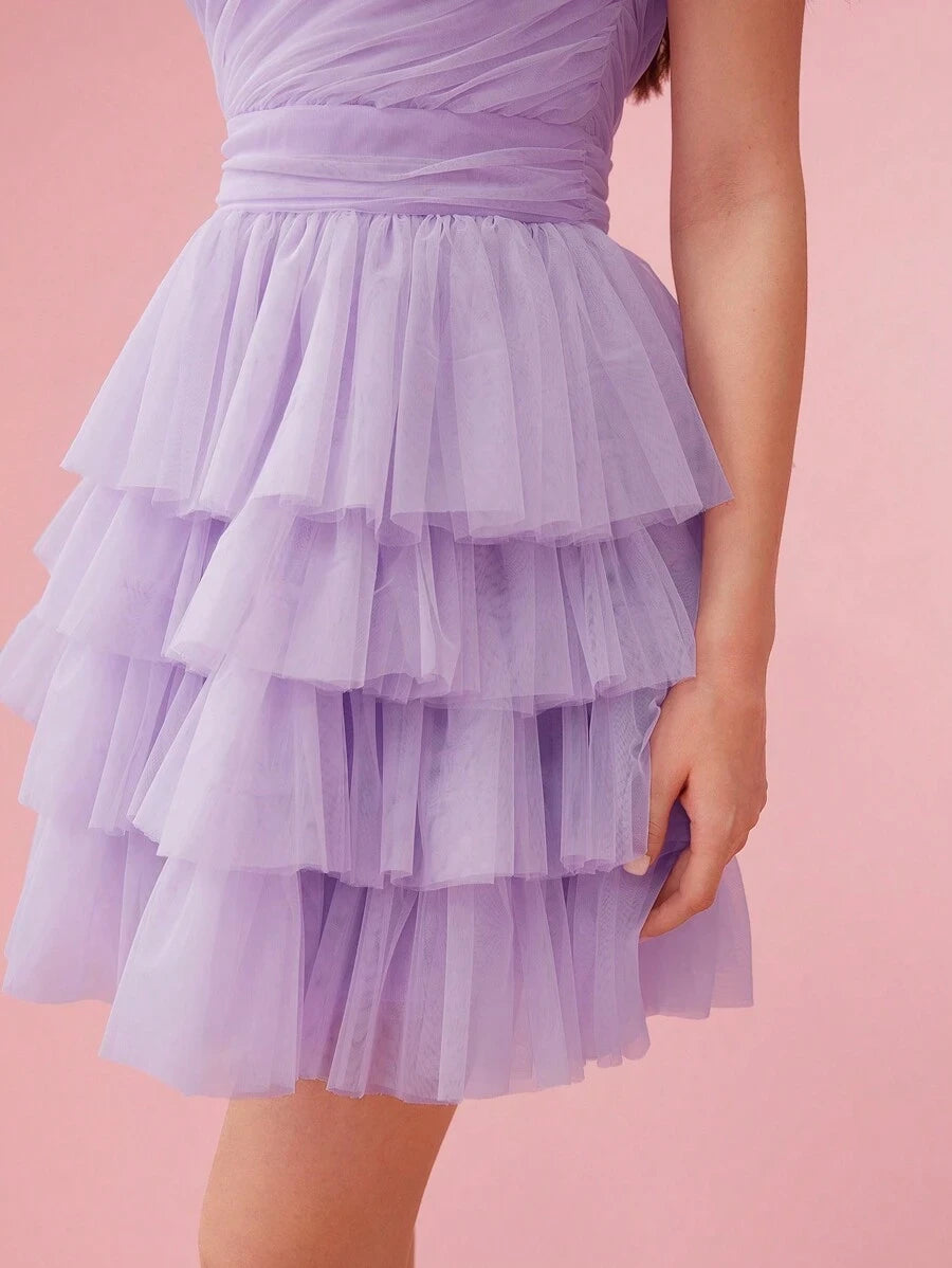 Elegant A-Line One-Shoulder Tiered Ruffle Ruched Mesh Lavender Short Homecoming Dresses