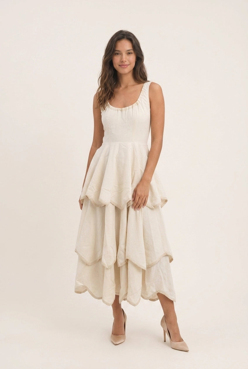 Elegant A-Line Scoop Neck Tiered Ruffled Bohemian Light Beige Midi Prom Dress