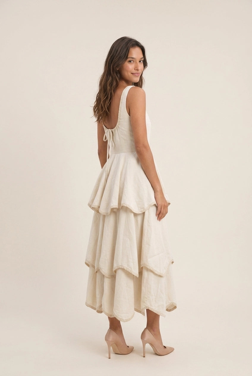 Elegant A-Line Scoop Neck Tiered Ruffled Bohemian Light Beige Midi Prom Dress