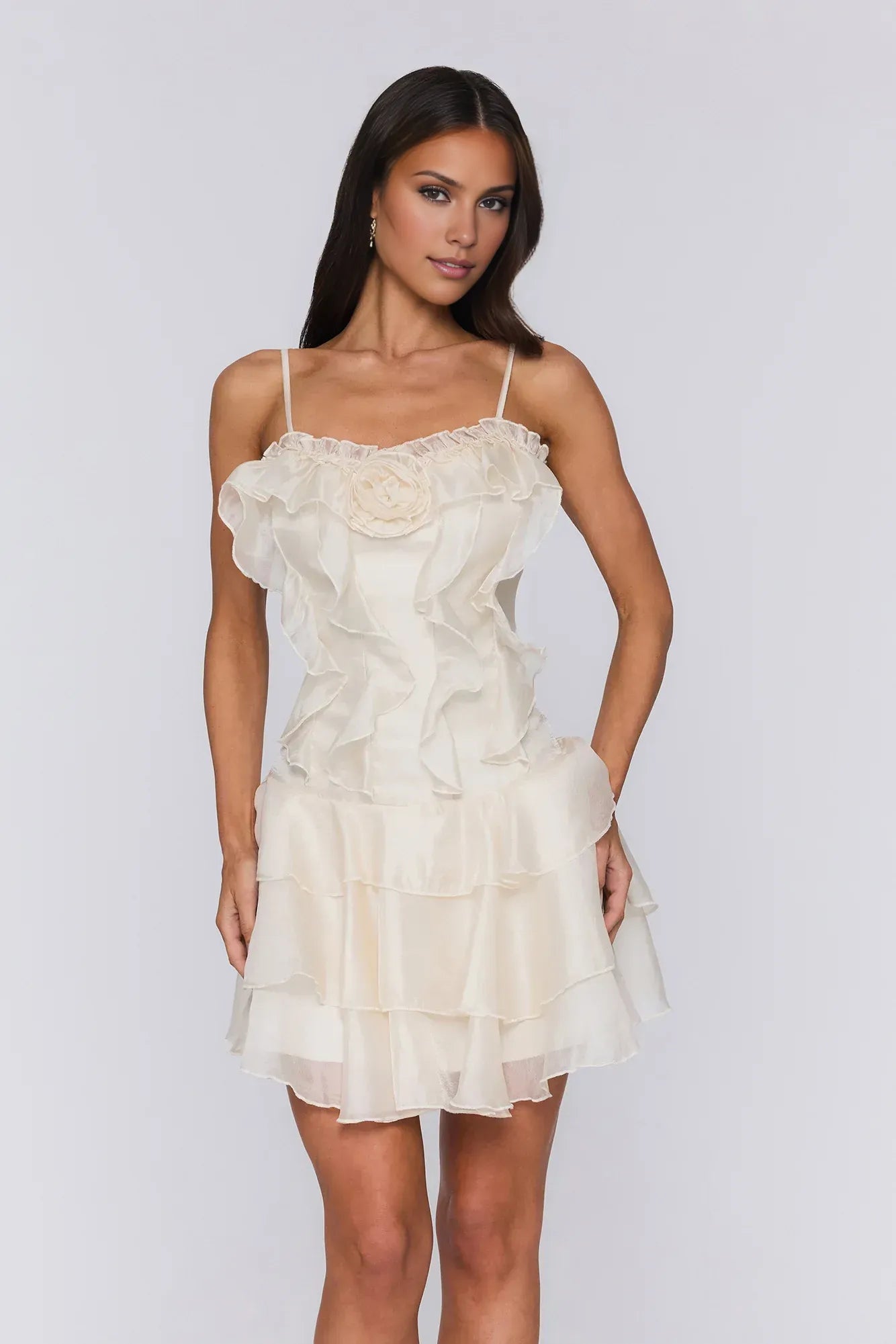 Elegant A-Line Spaghetti Strap Floral Ruffled Tiered Ivory Short Homecoming Dress