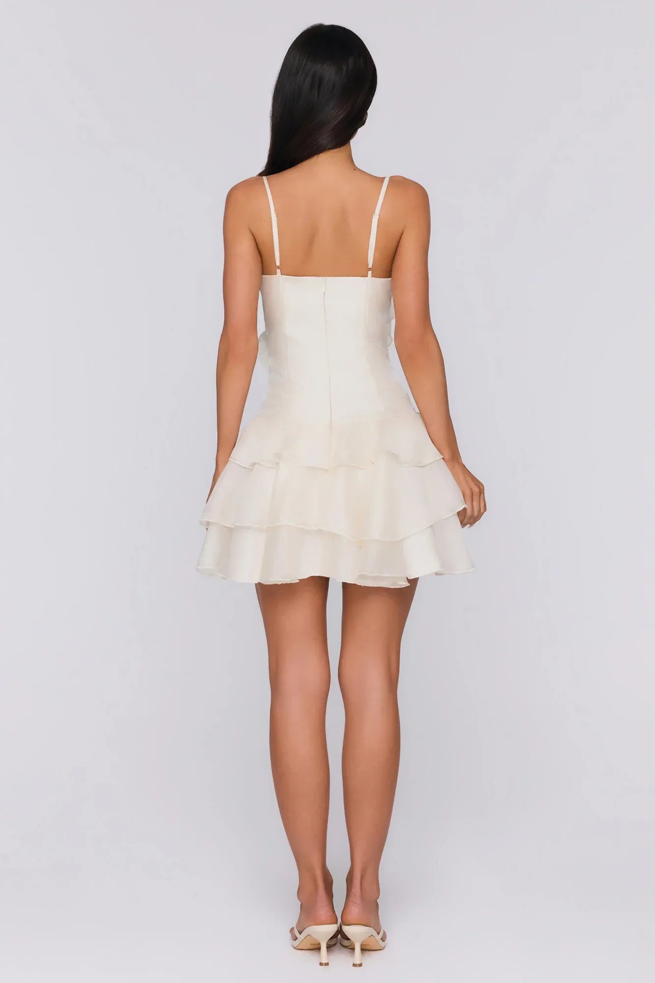 Elegant A-Line Spaghetti Strap Floral Ruffled Tiered Ivory Short Homecoming Dress