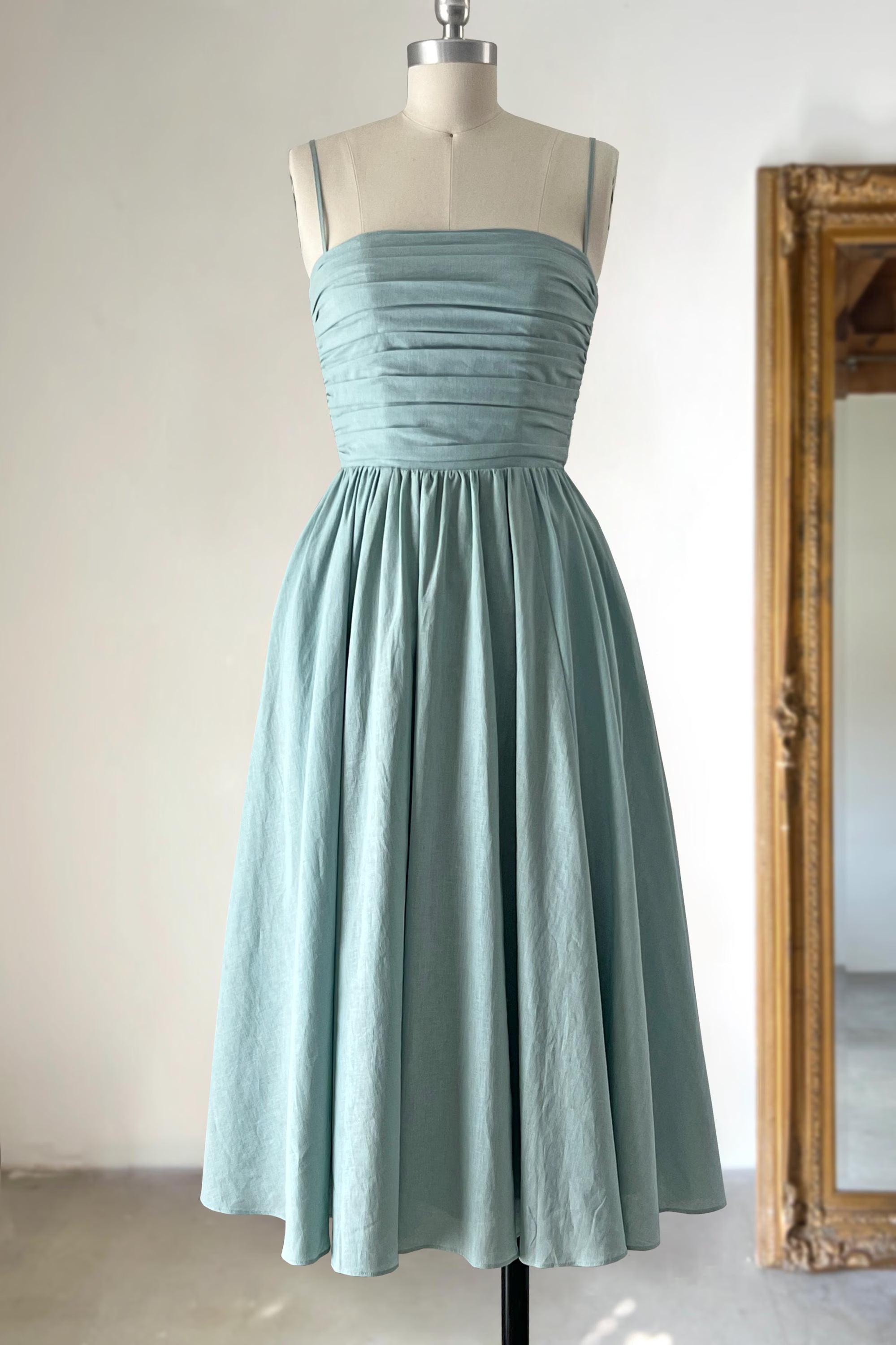 Elegant A-Line Spaghetti Strap Ruched Dusty Blue Tea-Length Homecoming Dress