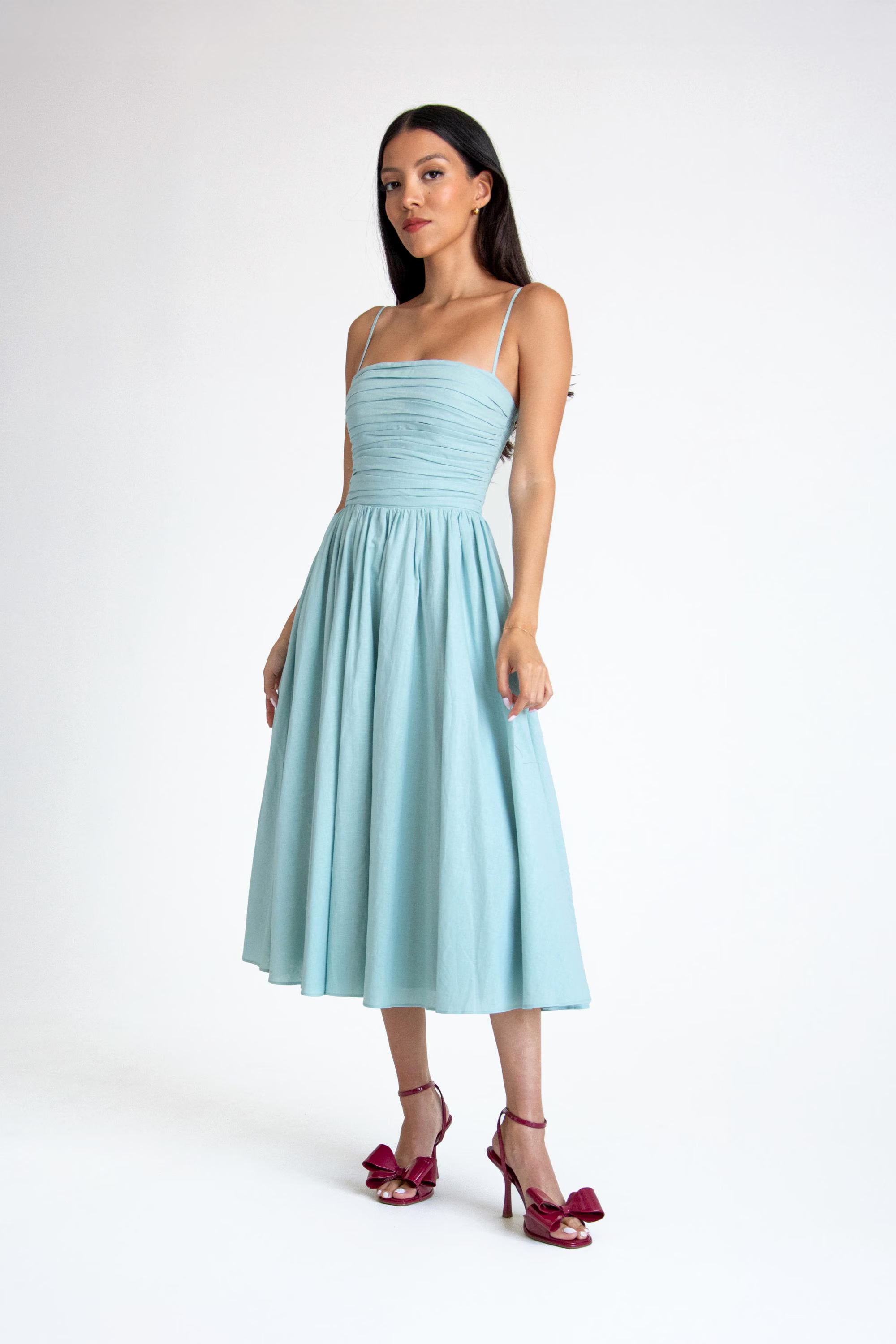 Elegant A-Line Spaghetti Strap Ruched Dusty Blue Tea-Length Homecoming Dress