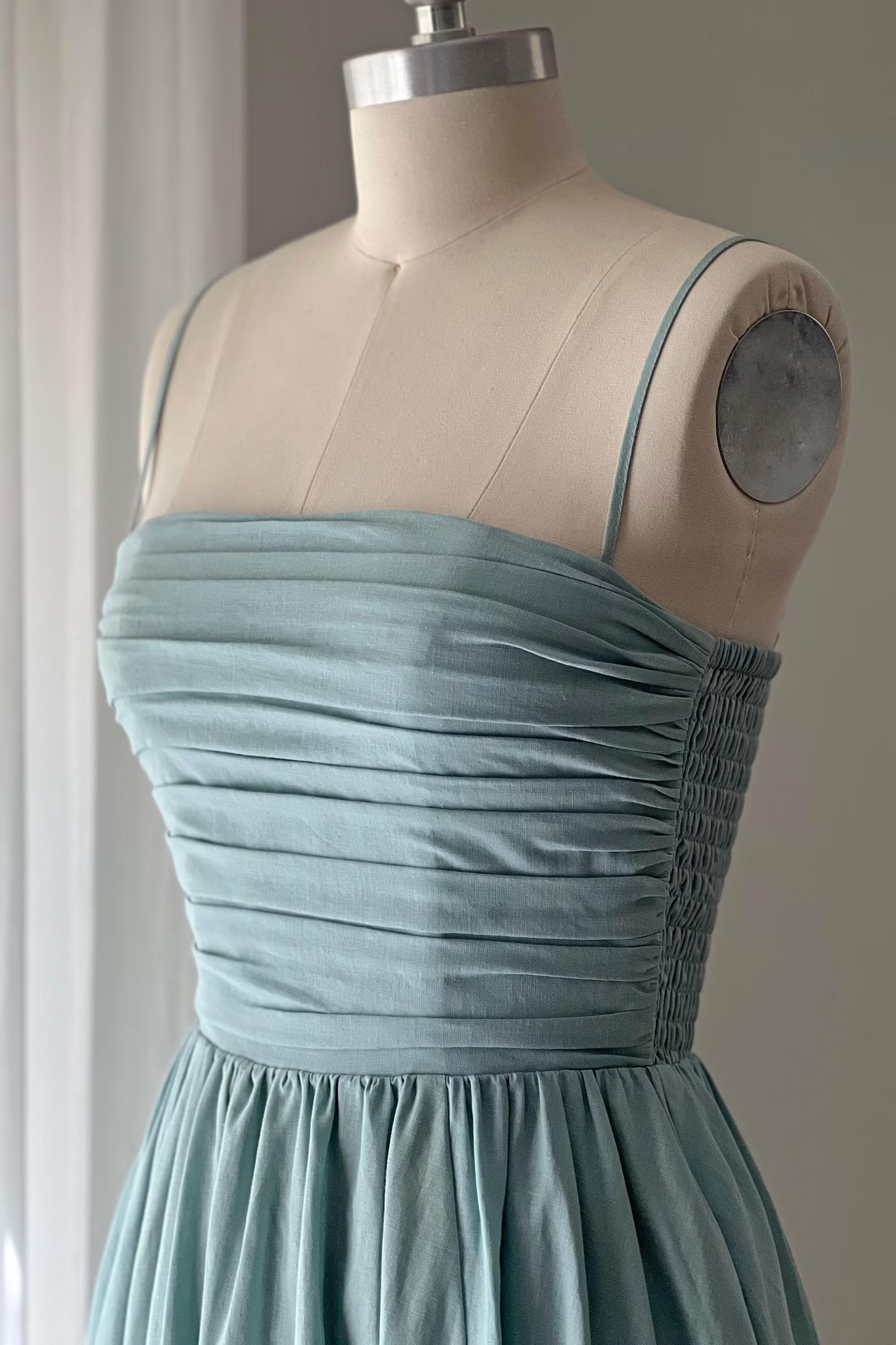 Elegant A-Line Spaghetti Strap Ruched Dusty Blue Tea-Length Homecoming Dress
