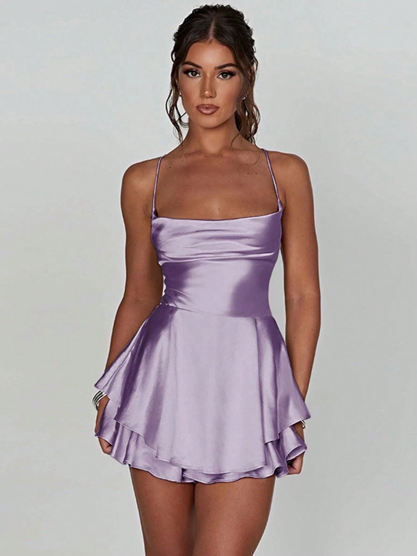 Elegant A-Line Spaghetti Straps Ruffled Backless Satin Lavender Mini Homecoming Dresses
