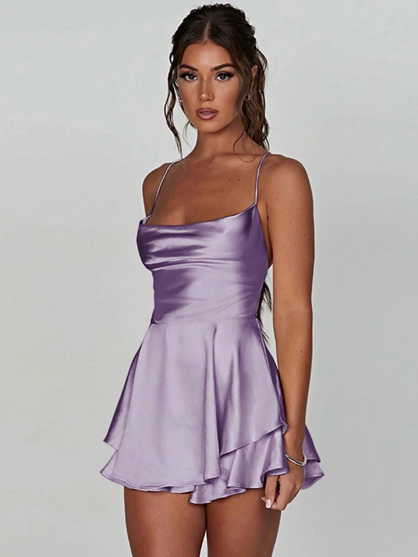 Elegant A-Line Spaghetti Straps Ruffled Backless Satin Lavender Mini Homecoming Dresses