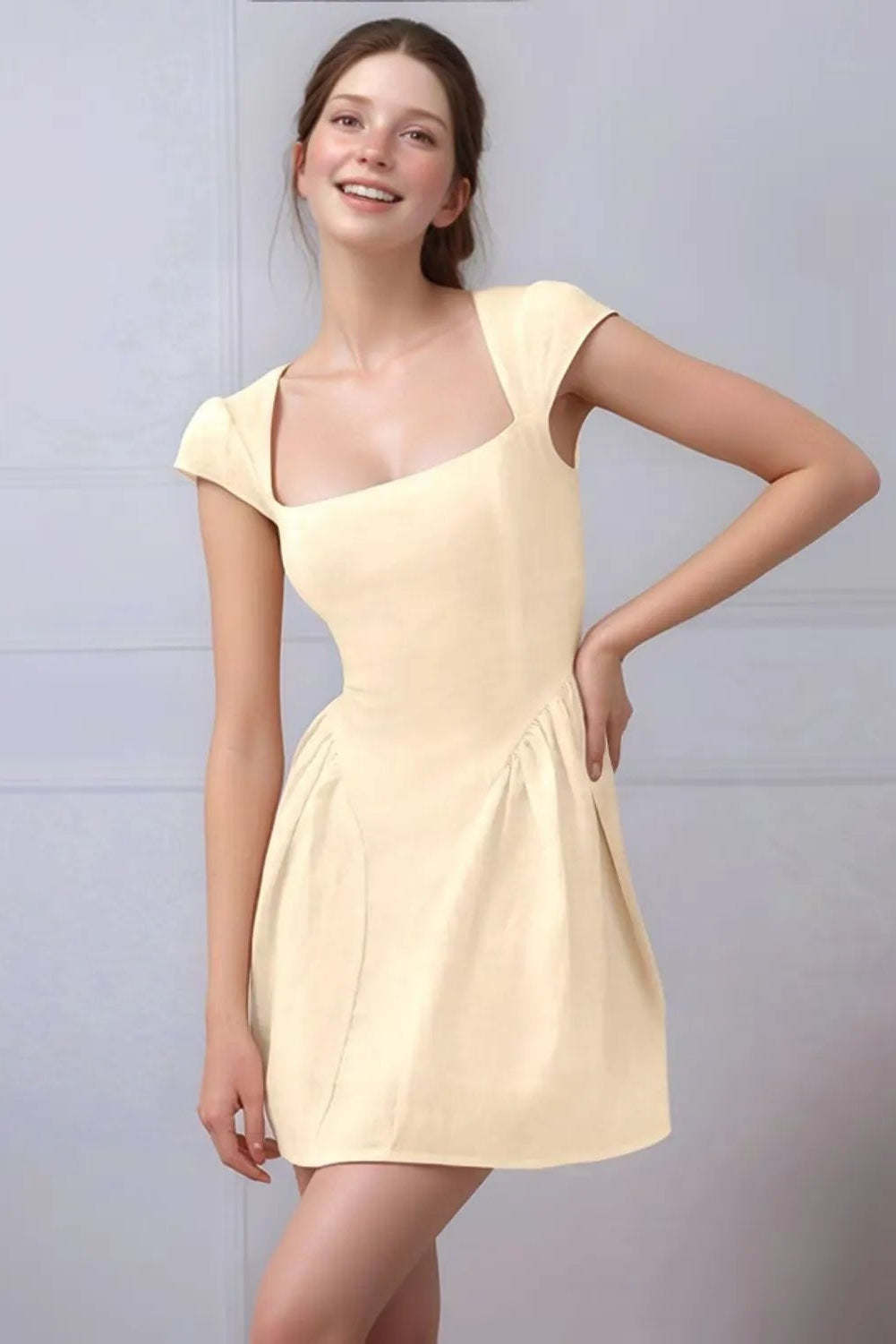 Elegant A-Line Square Neck Cap Sleeve Pale Yellow Mini Homecoming Dress Custom
