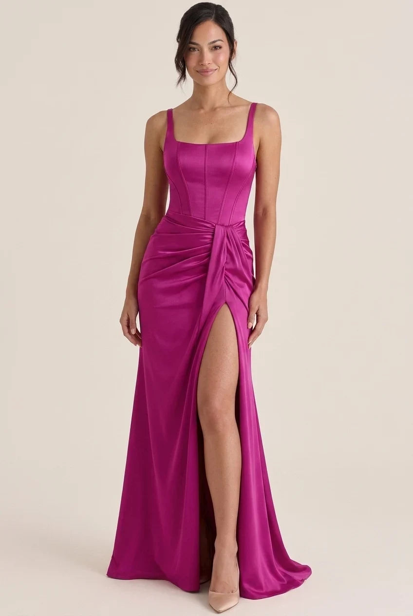 Elegant A-Line Square Neck Corset Ruched Slit Satin Fuchsia Floor-Length Prom Dress