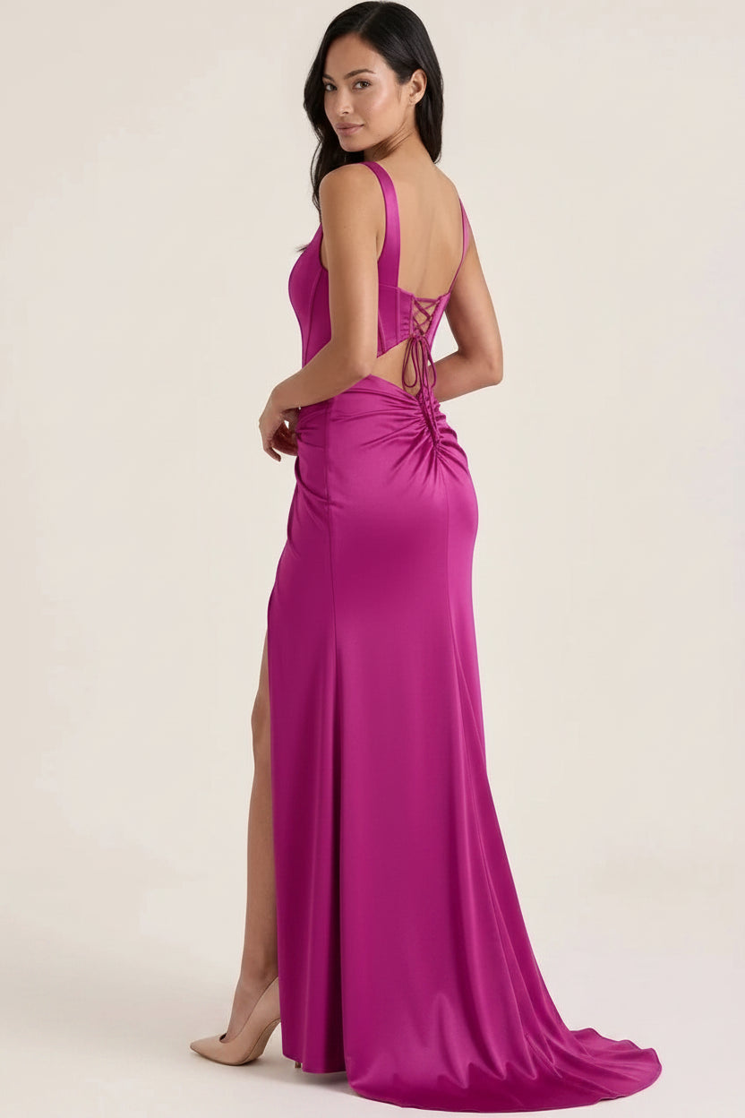 Elegant A-Line Square Neck Corset Ruched Slit Satin Fuchsia Floor-Length Prom Dress