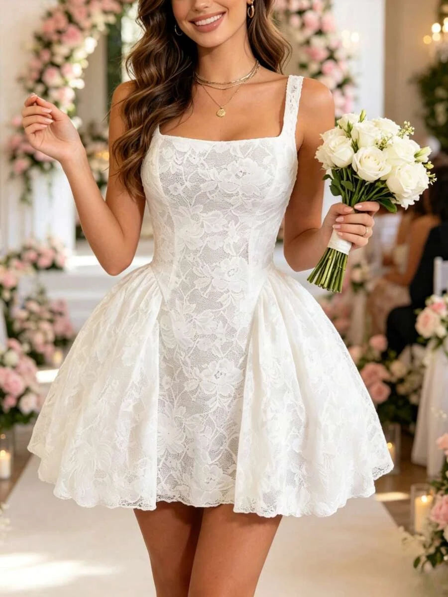 Elegant A-Line Square Neck Floral Lace White Mini Homecoming Dress For Female Guests