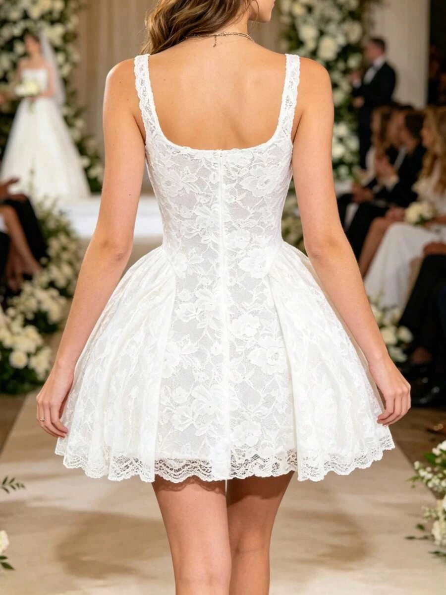 Elegant A-Line Square Neck Floral Lace White Mini Homecoming Dress For Female Guests