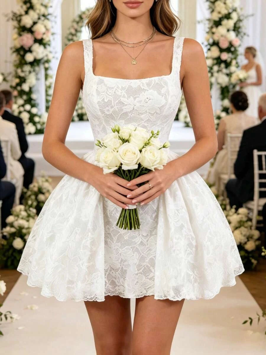 Elegant A-Line Square Neck Floral Lace White Mini Homecoming Dress For Female Guests