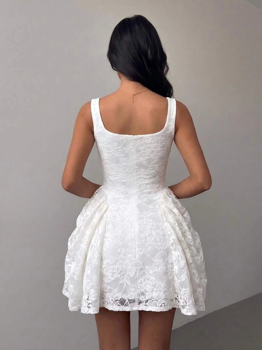 Elegant A-Line Square Neck Floral Lace White Mini Homecoming Dress For Female Guests