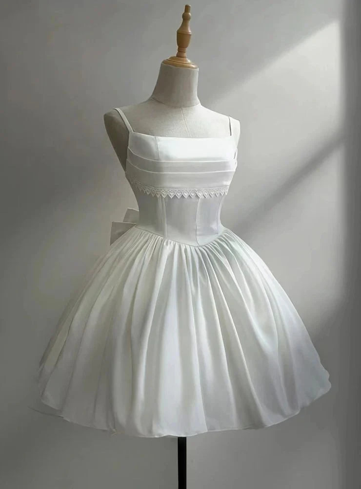 Elegant A-Line Square Neck Pleated Satin White Short Homecoming Dress With Bow