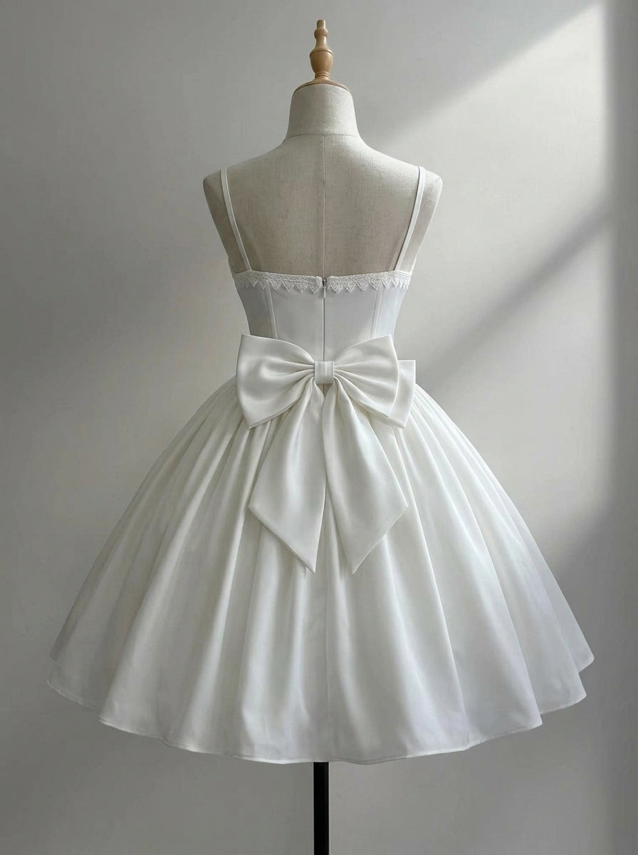 Elegant A-Line Square Neck Pleated Satin White Short Homecoming Dress With Bow