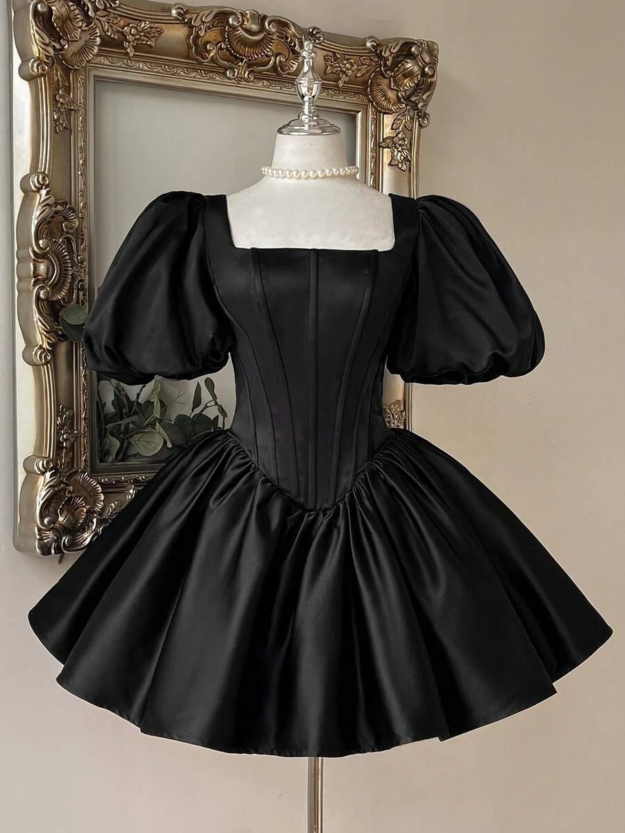 Elegant A-Line Square Neck Puff Sleeve Corset Satin Black Short Homecoming Dress