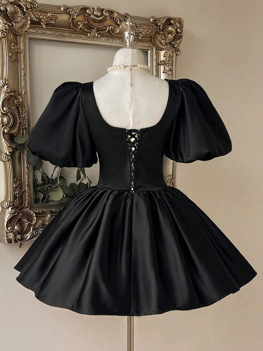 Elegant A-Line Square Neck Puff Sleeve Corset Satin Black Short Homecoming Dress