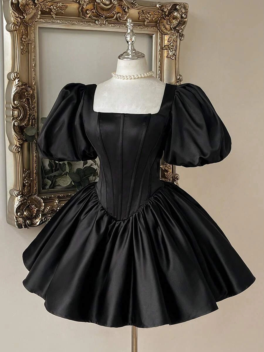 Elegant A-Line Square Neck Puff Sleeve Corset Satin Black Short Homecoming Dress