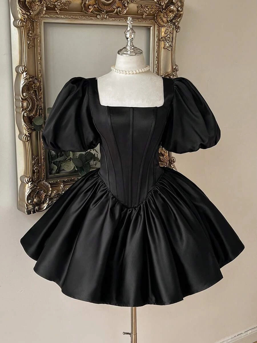 Elegant A-Line Square Neck Puff Sleeve Corset Satin Black Short Homecoming Dress