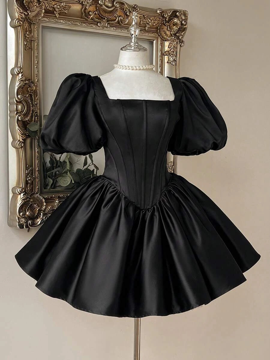 Elegant A-Line Square Neck Puff Sleeve Corset Satin Black Short Homecoming Dress