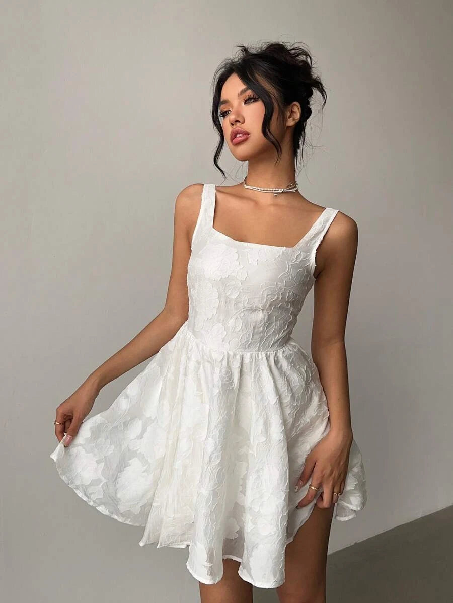 Elegant A-Line Square Neck Textured Floral Backless White Short Homecoming Dresses