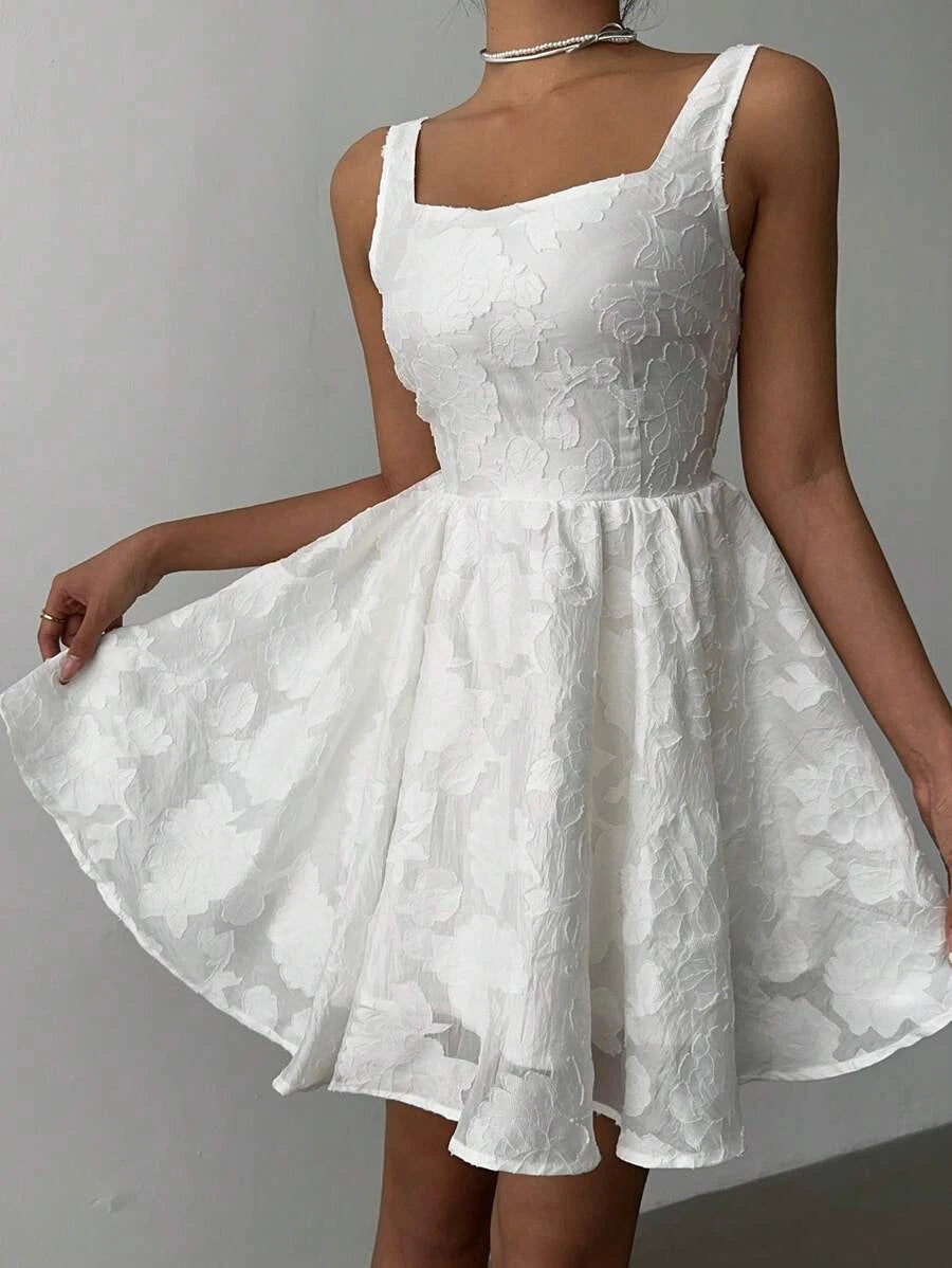 Elegant A-Line Square Neck Textured Floral Backless White Short Homecoming Dresses