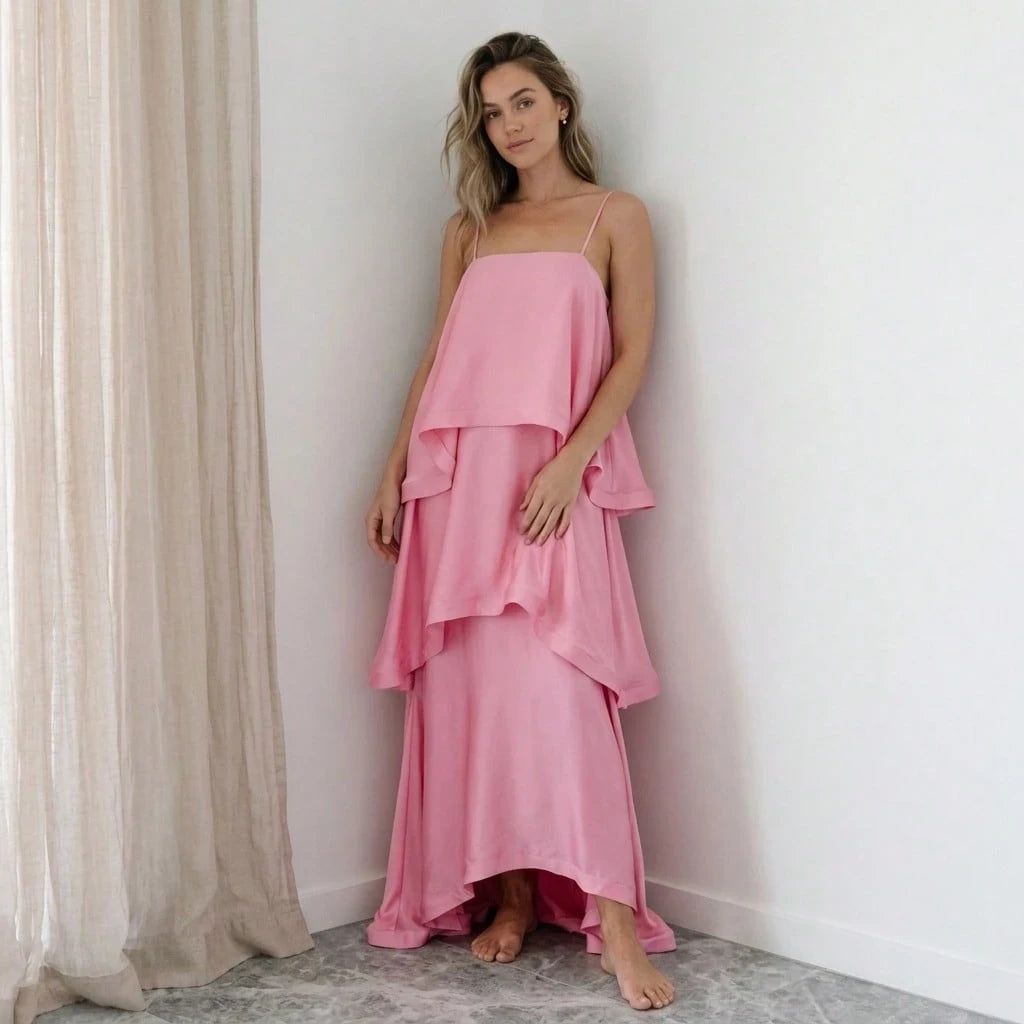 Elegant A-Line Square Neck Tiered Ruffle Flowy Pink Floor-Length Prom Dress