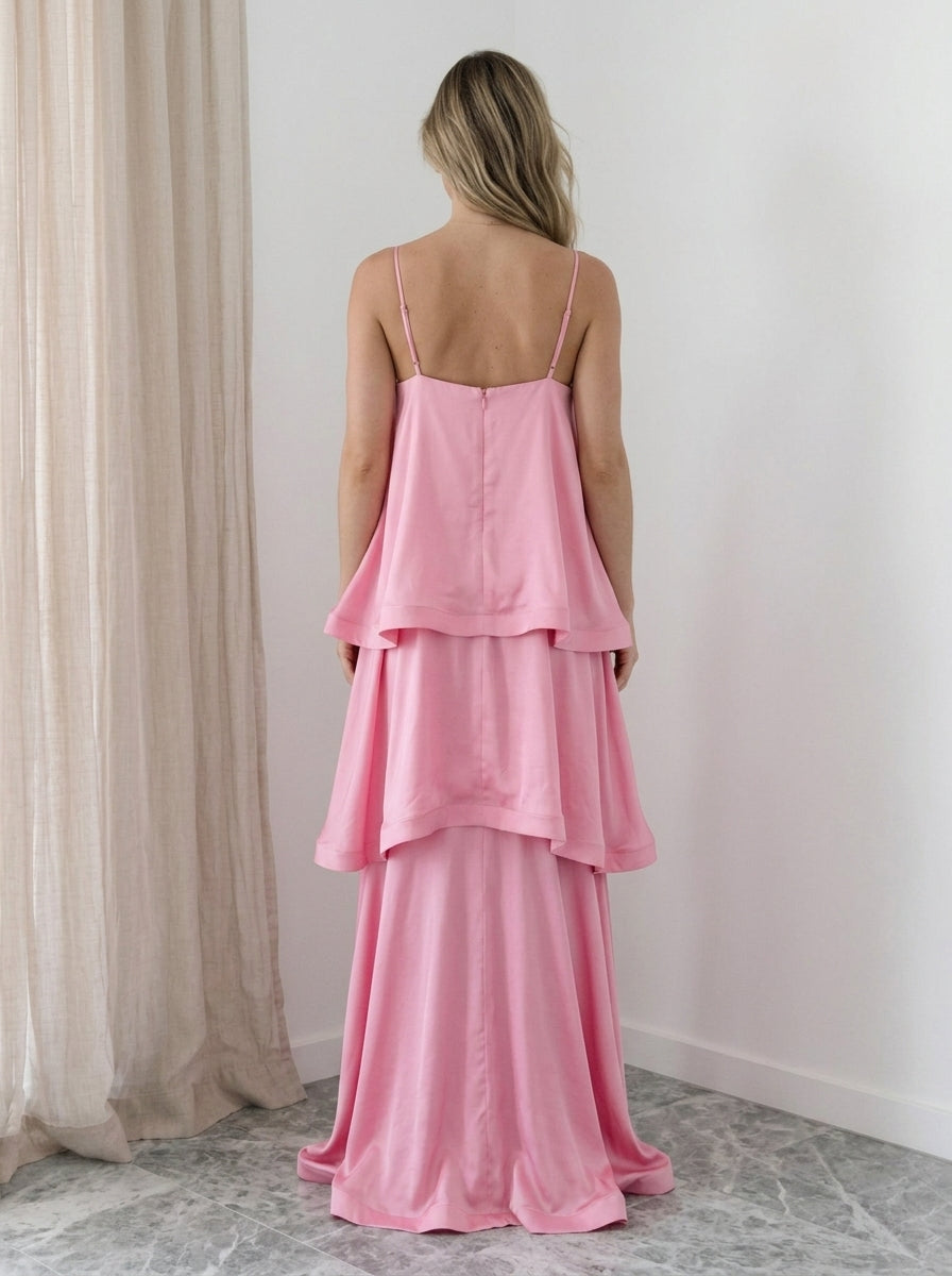 Elegant A-Line Square Neck Tiered Ruffle Flowy Pink Floor-Length Prom Dress