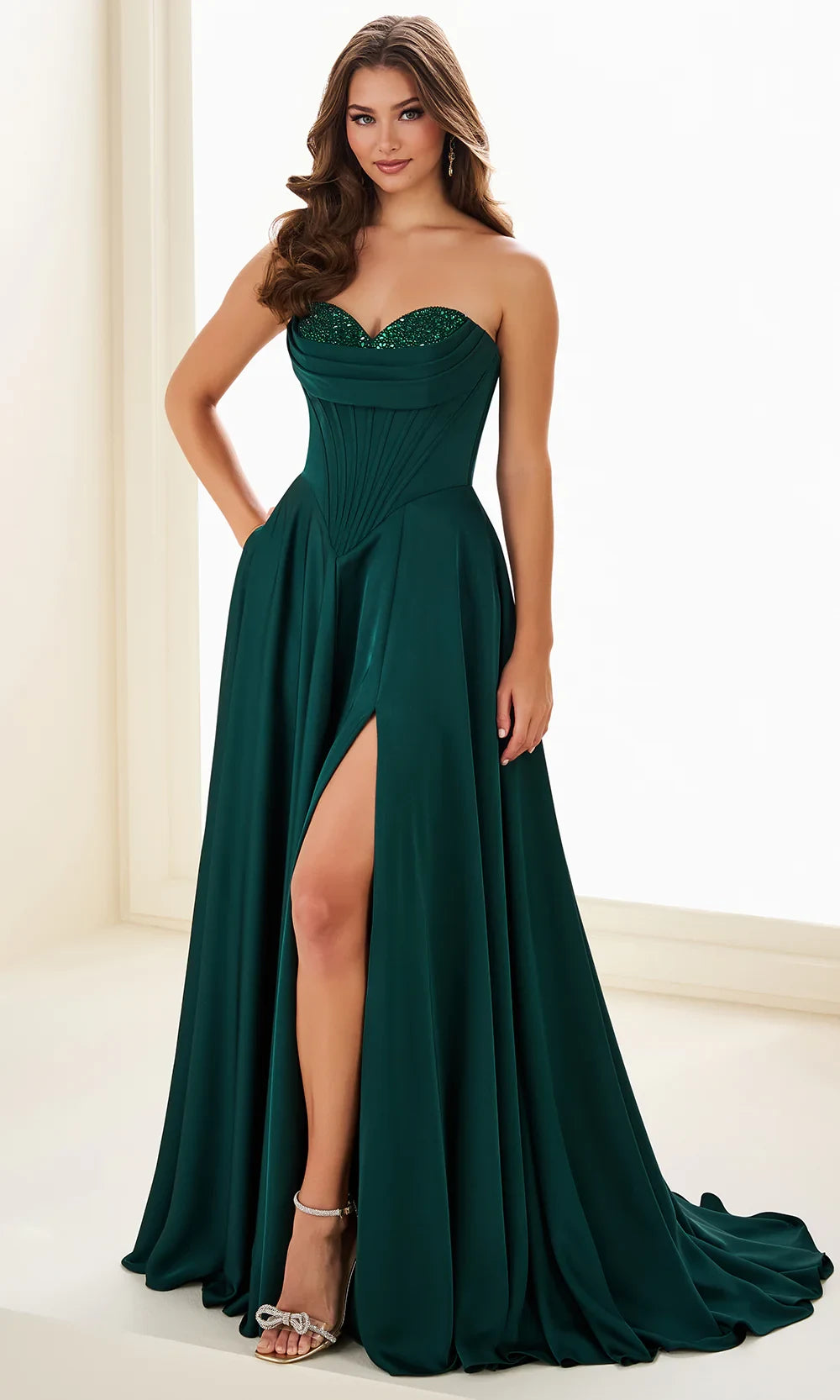 Elegant A-Line Strapless Corset Beaded High Slit Satin Forest Green Floor-Length Prom Dress