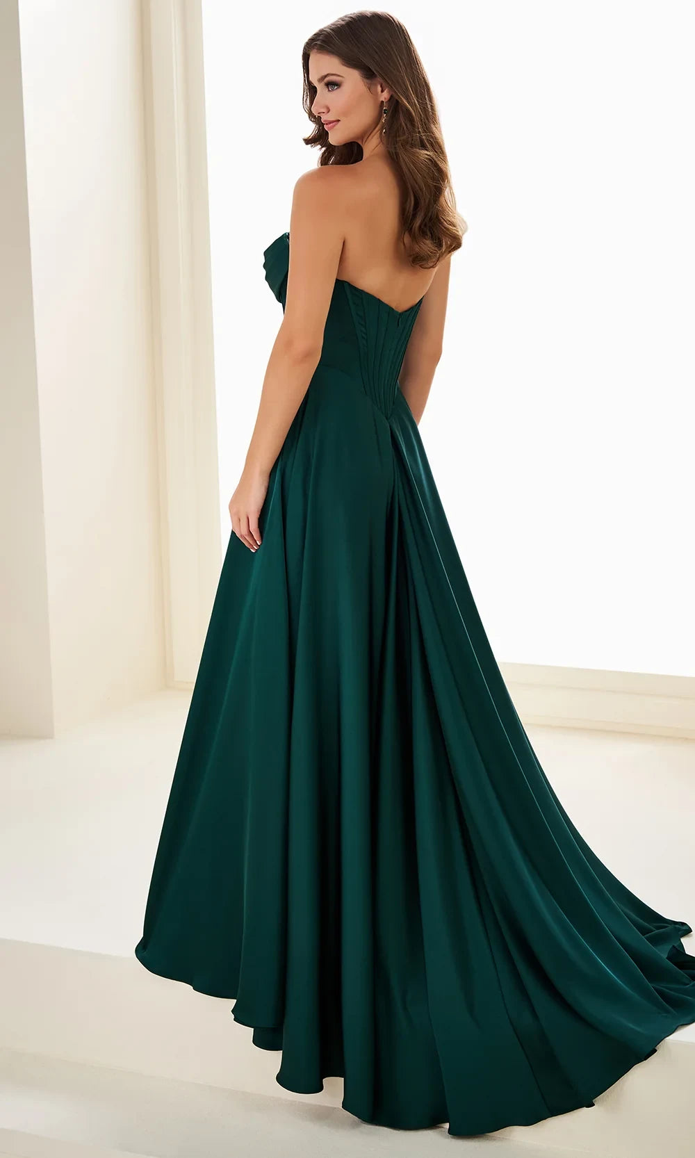 Elegant A-Line Strapless Corset Beaded High Slit Satin Forest Green Floor-Length Prom Dress