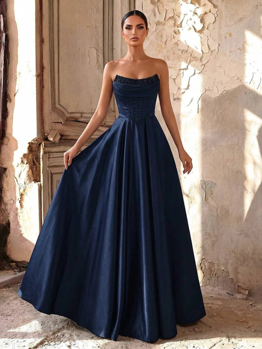 Elegant A-Line Strapless Corset Beaded Satin Navy Floor-Length Prom Dress