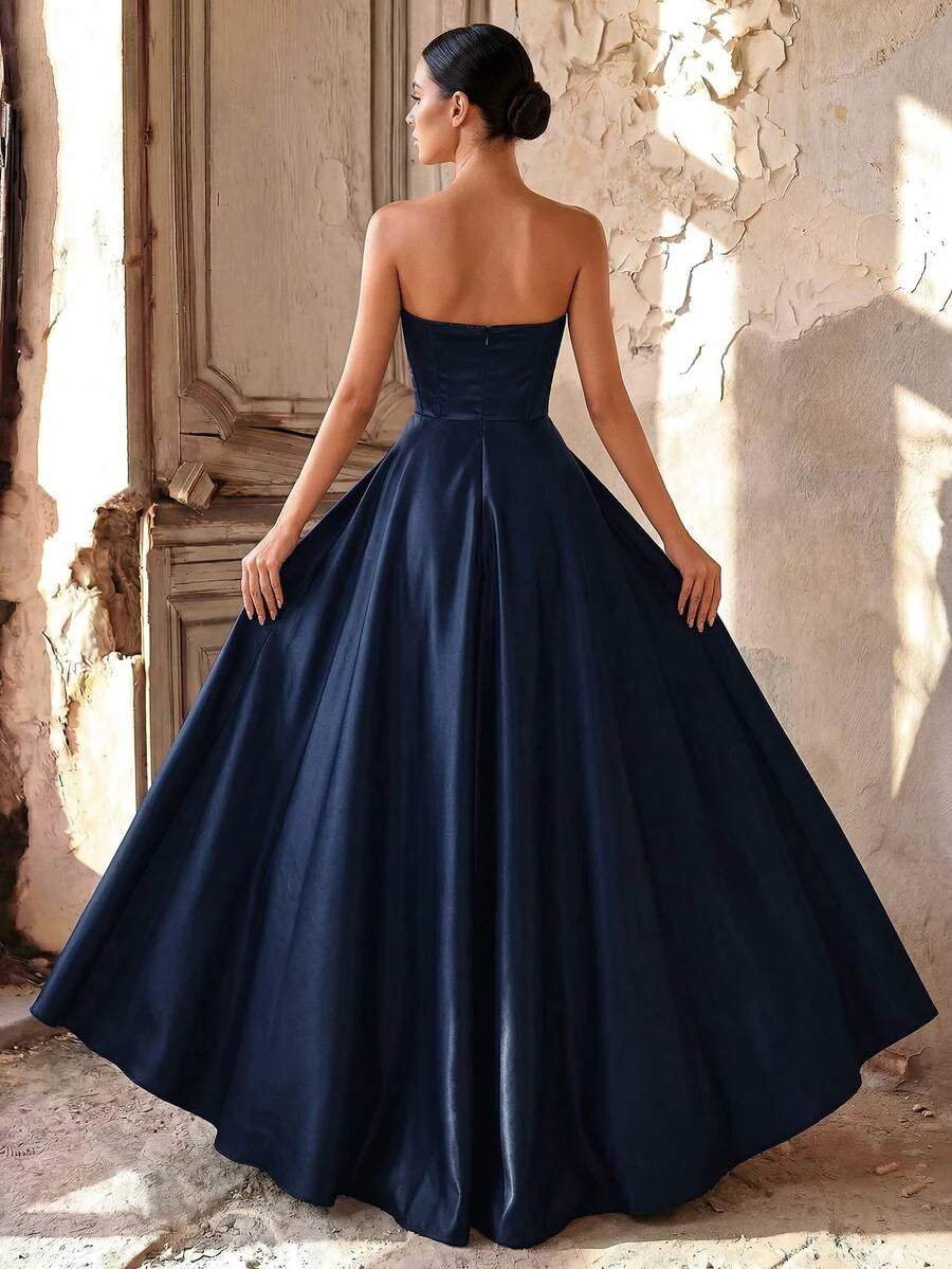 Elegant A-Line Strapless Corset Beaded Satin Navy Floor-Length Prom Dress