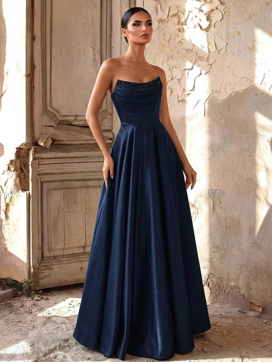 Elegant A-Line Strapless Corset Beaded Satin Navy Floor-Length Prom Dress
