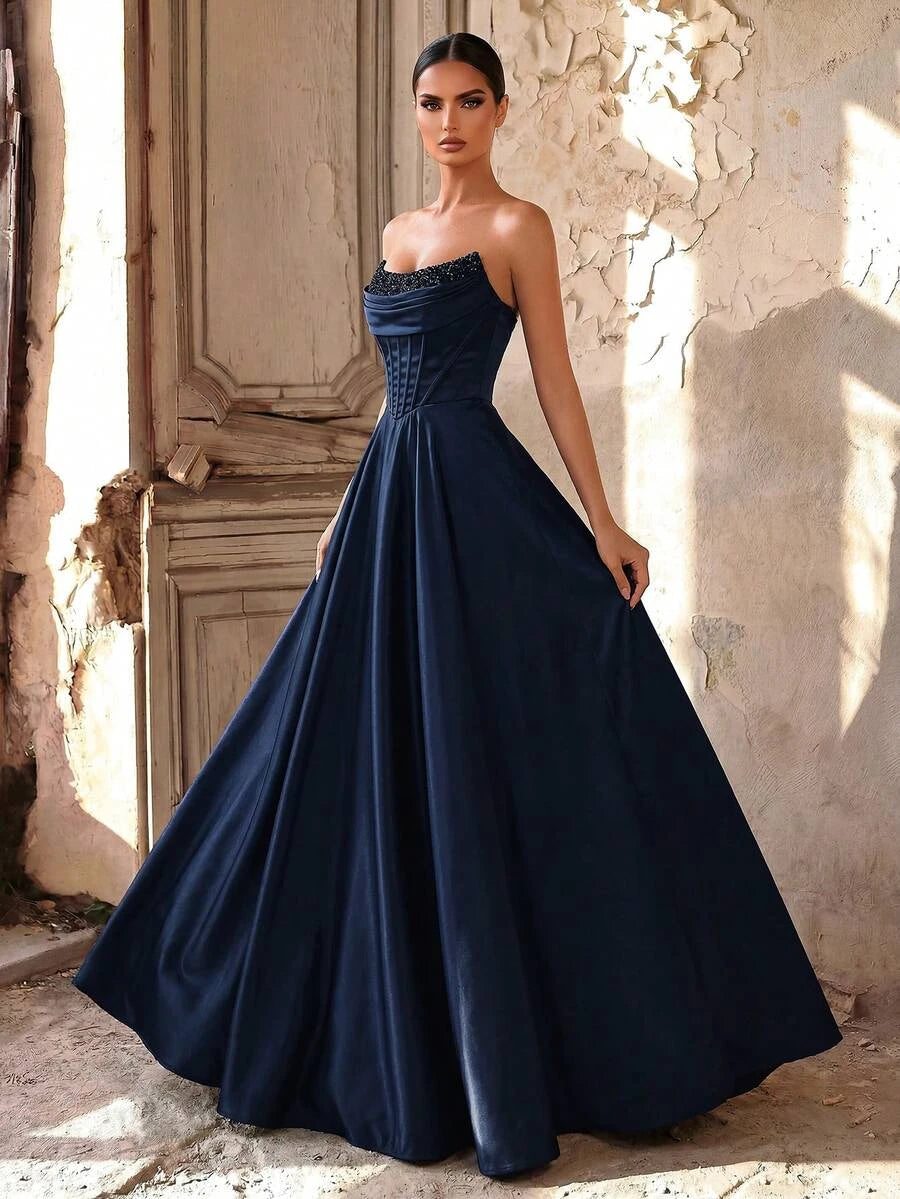 Elegant A-Line Strapless Corset Beaded Satin Navy Floor-Length Prom Dress
