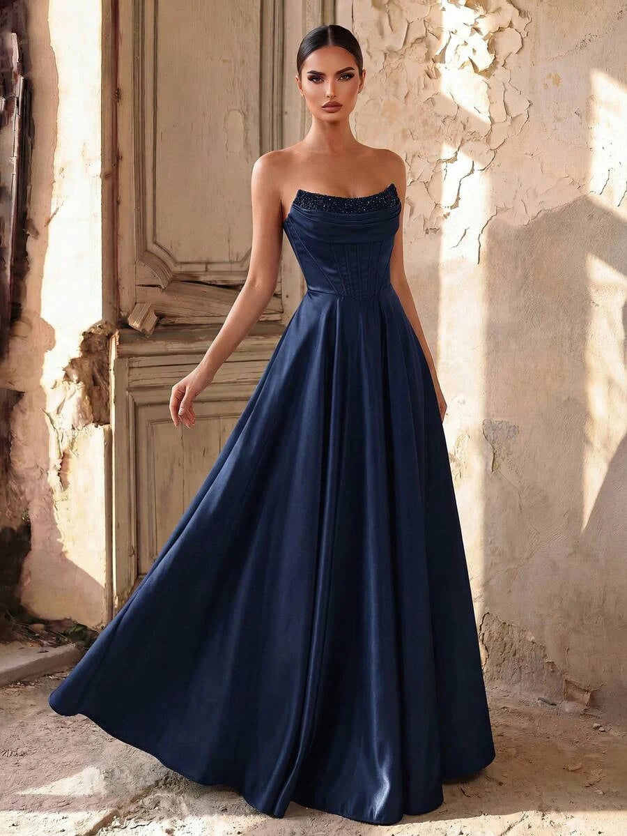 Elegant A-Line Strapless Corset Beaded Satin Navy Floor-Length Prom Dress