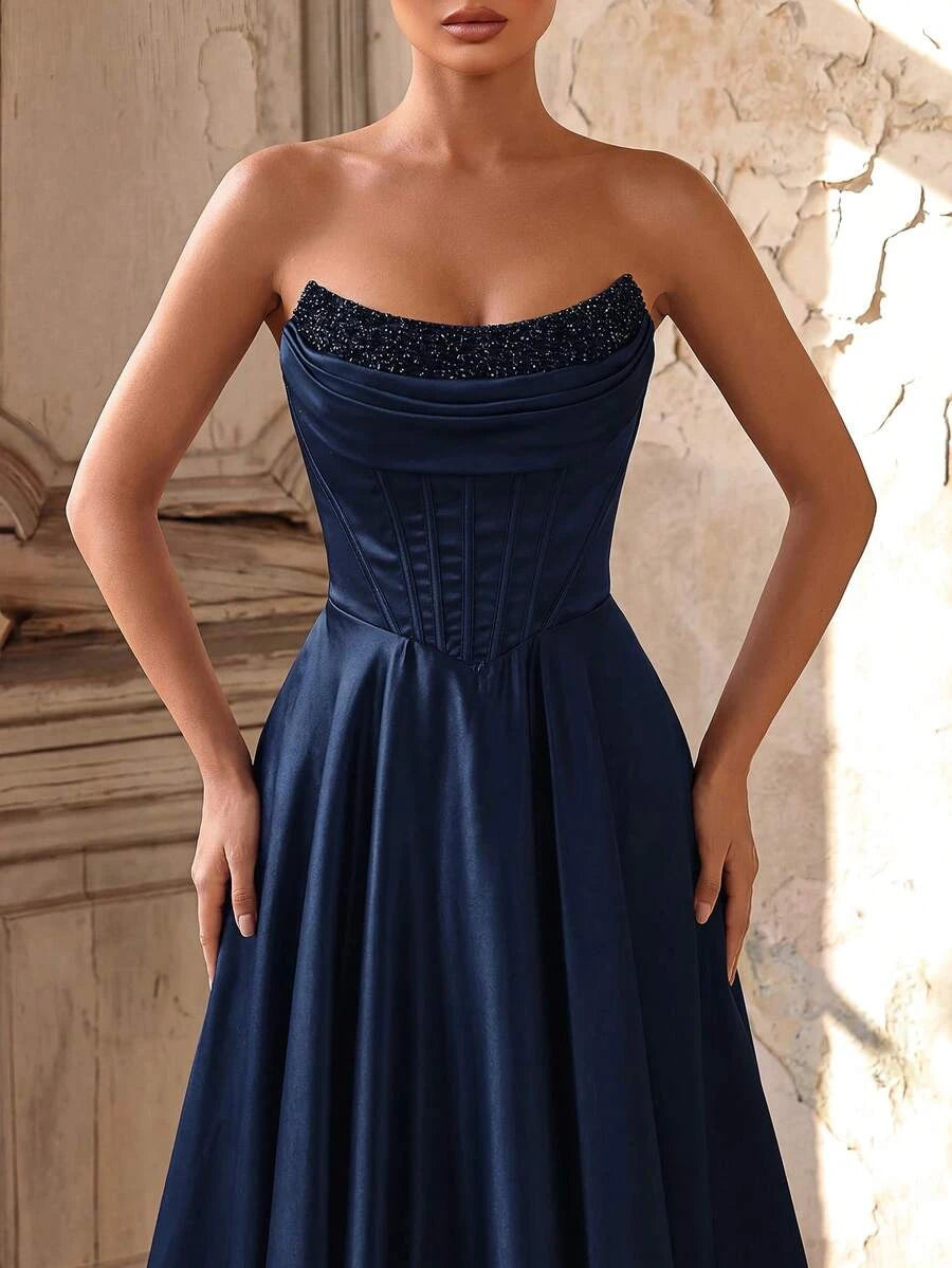 Elegant A-Line Strapless Corset Beaded Satin Navy Floor-Length Prom Dress
