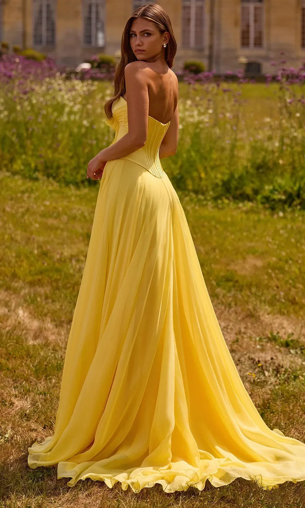 Elegant A-Line Strapless Corset Bow Chiffon Yellow Floor-Length Prom Dress With High Slit