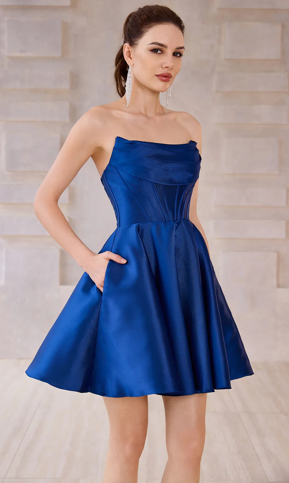 Elegant A-Line Strapless Corset Draped Light Blue Short Homecoming Dress With Pockets