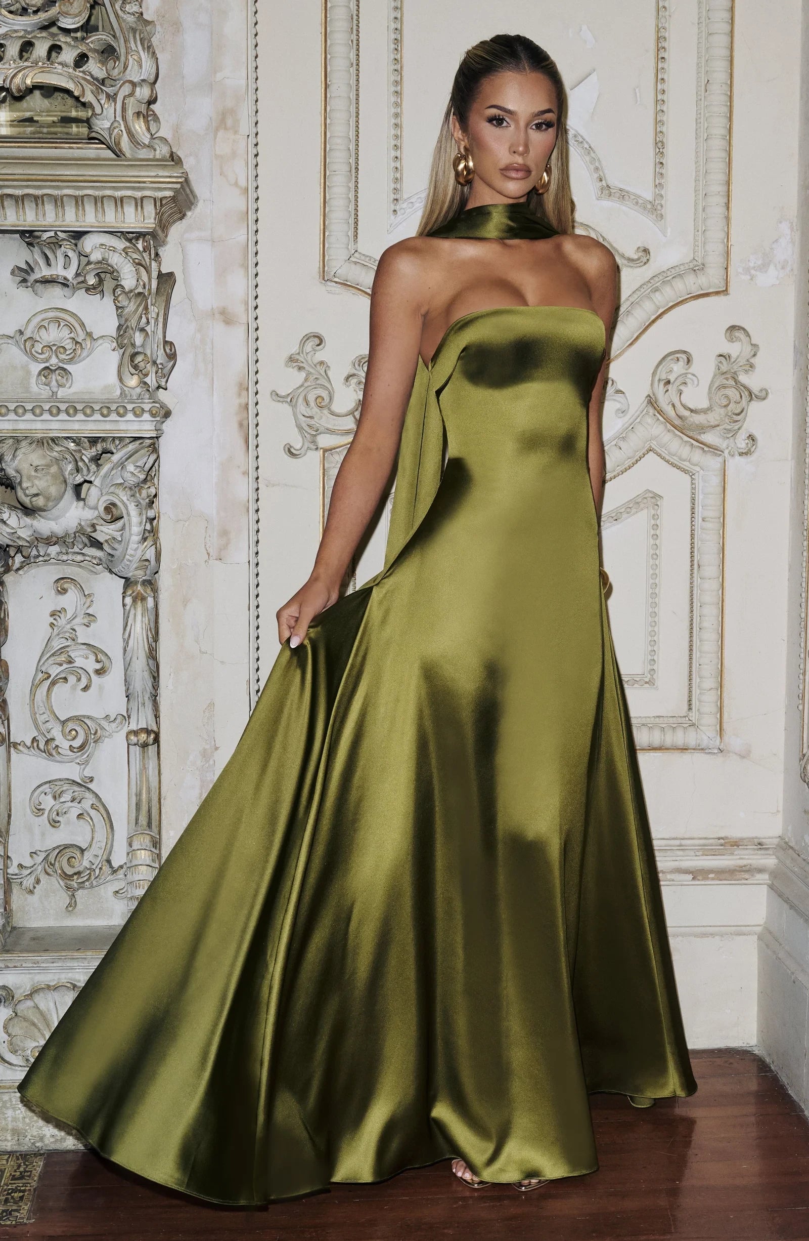 Elegant A-Line Strapless Corset Olive Green Floor-Length Prom Dress With Scarf