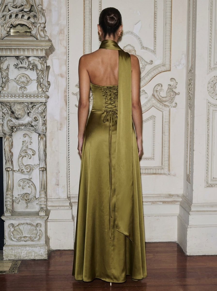 Elegant A-Line Strapless Corset Olive Green Floor-Length Prom Dress With Scarf