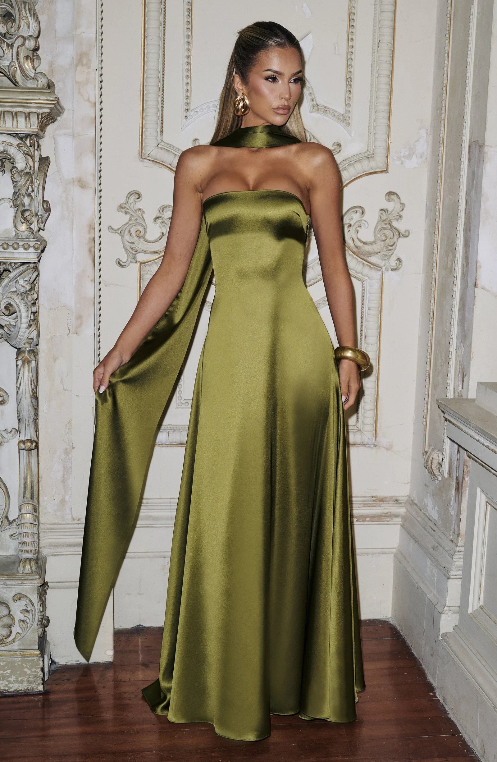 Elegant A-Line Strapless Corset Olive Green Floor-Length Prom Dress With Scarf