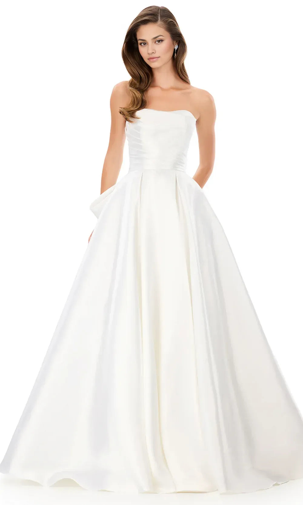 Elegant A-Line Strapless Pleated Bow Ruffle Back Ivory Floor-Length Prom Dress